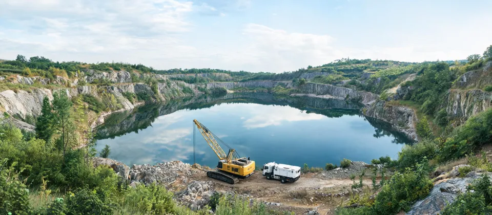 Restored quarry with crane and service team